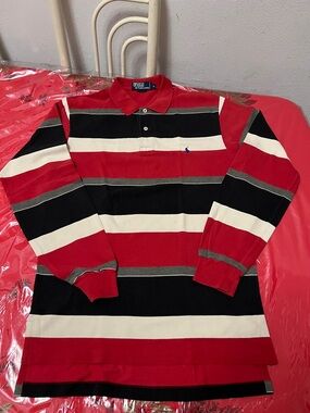 Polo by Ralph Lauren Red Black White Striped Rugby Polo long sleeves Sz medium